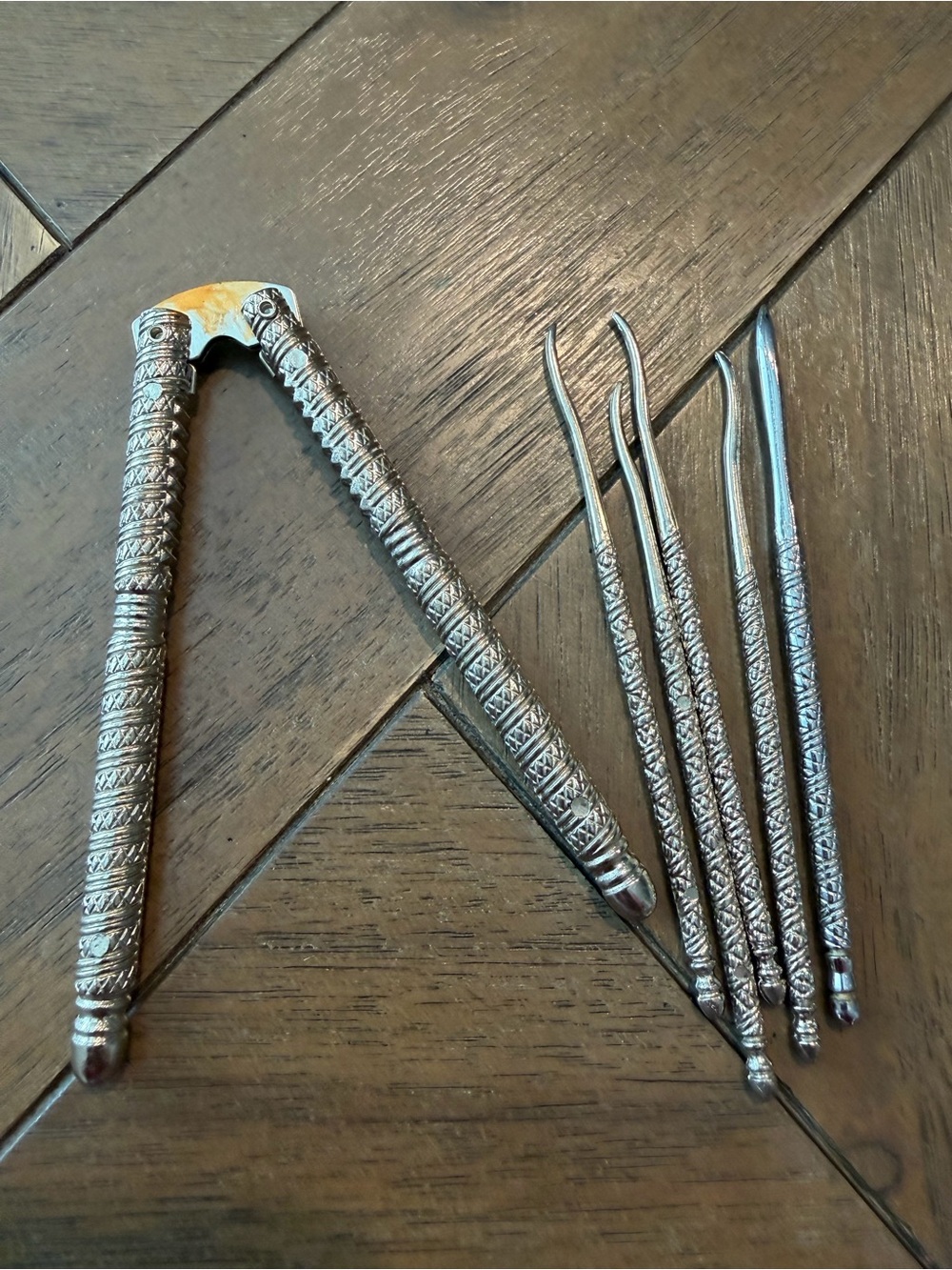 Vtg 1940's HMO Quackenbush Steel 5" Spring Style Shell Nut Cracker and 5 Picks